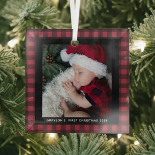 Baby's First Christmas Buffalo Plaid Photo Glass Tree Decoration