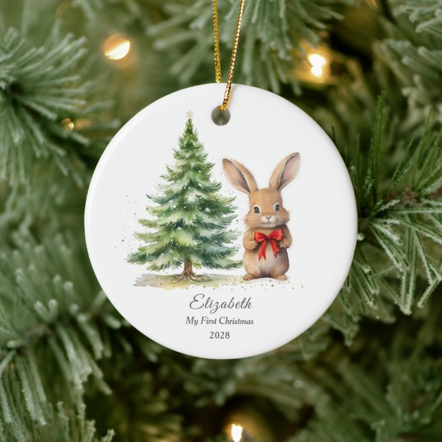 Baby's First Christmas Bunny Personalised Photo Ceramic Ornament (Tree)