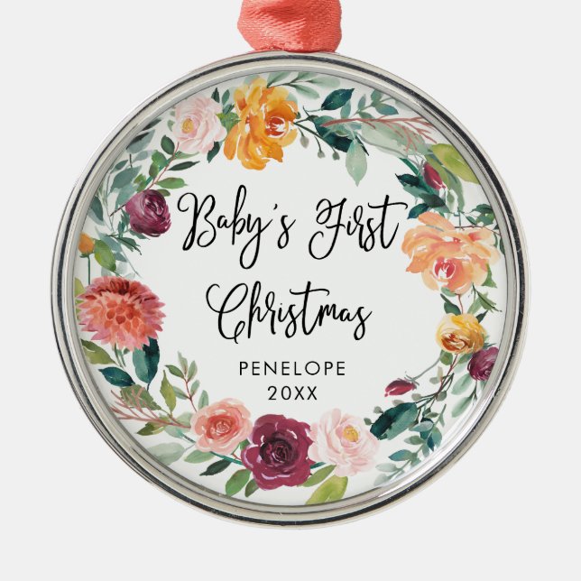 Baby's First Christmas | Burgundy Floral Wreath Metal Ornament (Front)