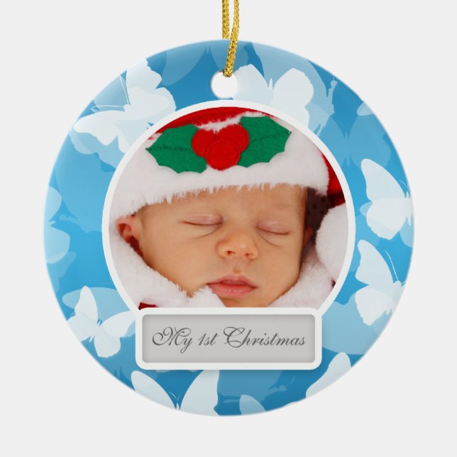 Baby's First Christmas Butterflies Blue Ceramic Tree Decoration (Front)