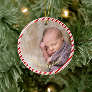 Baby's First Christmas Candy Cane Stripes Photo Ceramic Ornament