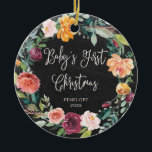 Baby's First Christmas | Chalkboard Floral Photo Ceramic Ornament<br><div class="desc">This beautiful Christmas ornament says "Baby's First Christmas" in trendy handwritten script,  on a black chalkboard look background. A rustic watercolor floral wreath with flowers in shades burgundy,  marsala,  orange,  peach,  and blush circles the edges. The back of the ornament has a spot for your baby's photo.</div>
