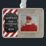 Baby's First Christmas Chalkboard Ornament<br><div class="desc">Baby's First Christmas Red and White Stripes Burlap and Dots Chalkboard Photo Ornament Frame</div>