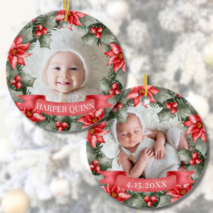 Baby's First Christmas Classic Floral Frame Photo Ceramic Ornament