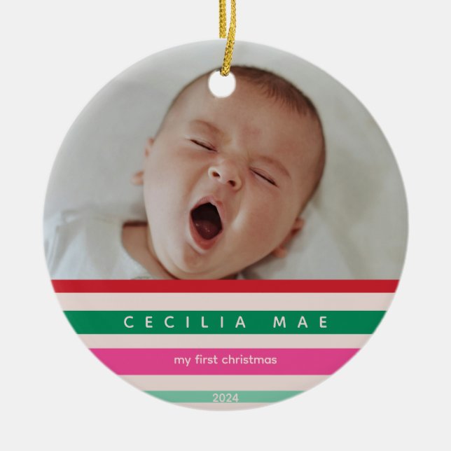 Baby's First Christmas Colourful Holiday Stripes Ceramic Ornament (Front)