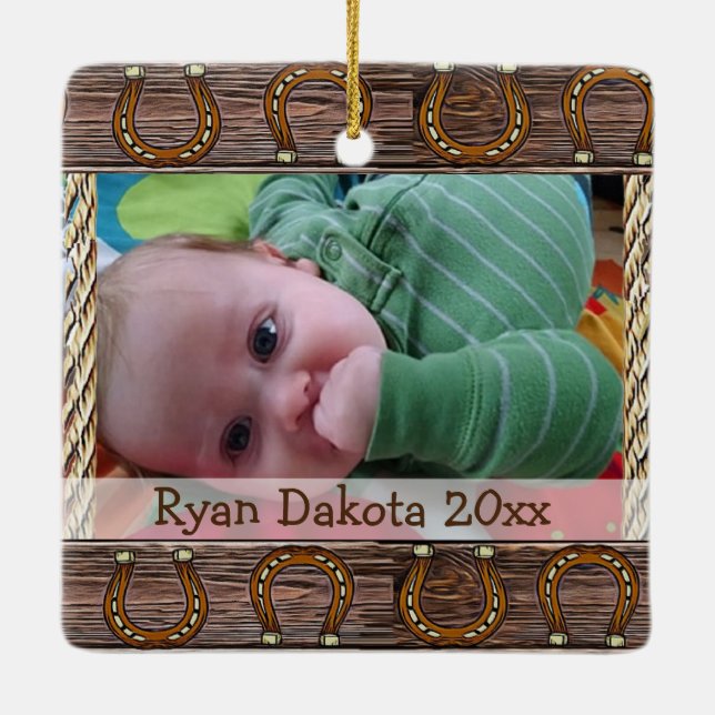 Baby's First Christmas Cowboy and Teddy Bear Photo Ceramic Ornament (Back)