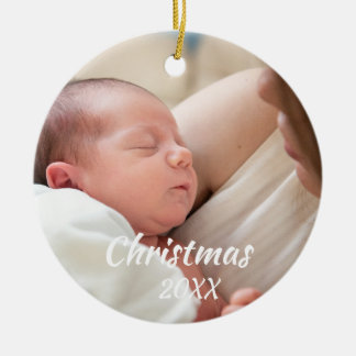 Baby's First Christmas Custom 2-photo White Script Ceramic Ornament