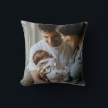 Baby's First Christmas Custom 2-photo White Script Cushion<br><div class="desc">Minimalist and beautiful,  this custom 2-photo pillow celebrates baby's first Christmas. Features a modern script font and a white Christmas Tree. Text is all customisable.</div>