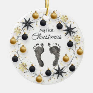 Baby's First Christmas Custom Foot Prints Gold Ceramic Ornament