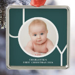 Baby's First Christmas Custom Green Photo Metal Ornament<br><div class="desc">This stylish keepsake Baby's First Christmas Photo Ornament is decorated with the word JOY in white typography on a green background.
Easily customisable with your photo,  name,  and year.</div>