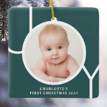 Baby's First Christmas Custom Keepsake Photo Green Ceramic Ornament<br><div class="desc">This stylish keepsake Baby's First Christmas Photo Ornament is decorated with the word JOY in white typography on a green background.
Easily customisable with your photo,  name,  and year.</div>