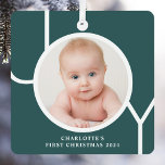 Baby's First Christmas Custom Keepsake Photo Green Metal Tree Decoration<br><div class="desc">This stylish keepsake Baby's First Christmas Photo Ornament is decorated with the word JOY in white typography on a green background.
Easily customisable with your photo,  name,  and year.</div>