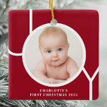 Baby's First Christmas Custom Keepsake Photo Red Ceramic Ornament<br><div class="desc">This stylish keepsake Baby's First Christmas Photo Ornament is decorated with the word JOY in white typography on a red background.
Easily customisable with your photo,  name,  and year.</div>