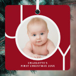 Baby's First Christmas Custom Keepsake Photo Red Metal Tree Decoration<br><div class="desc">This stylish keepsake Baby's First Christmas Photo Ornament is decorated with the word JOY in white typography on a red background.
Easily customisable with your photo,  name,  and year.</div>