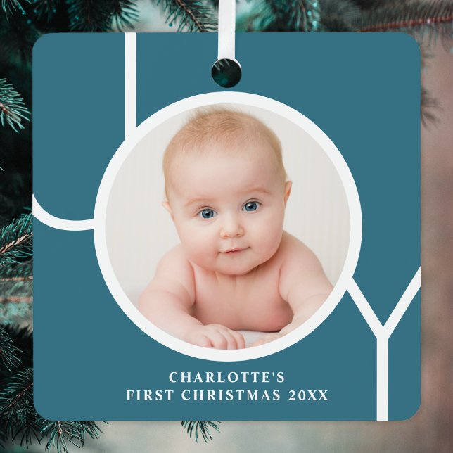 Baby's First Christmas Custom Keepsake Photo Teal Metal Tree Decoration (Creator Uploaded)