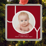 Baby's First Christmas Custom Keepsake Red Photo  Metal Ornament<br><div class="desc">This stylish keepsake Baby's First Christmas Photo Ornament is decorated with the word JOY in white typography on a red background.
Easily customisable with your photo,  name,  and year.</div>