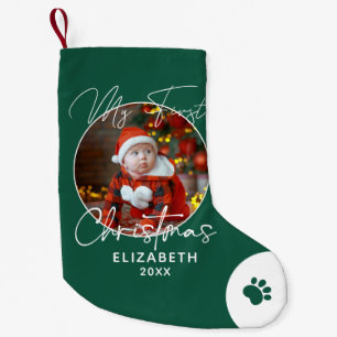 Baby's First Christmas Custom Name And Photo Green Small Christmas Stocking