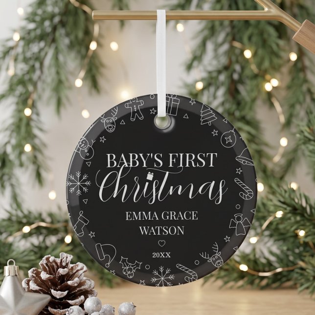 Baby's First Christmas Custom Name Keepsake Black Glass Tree Decoration (Creator Uploaded)