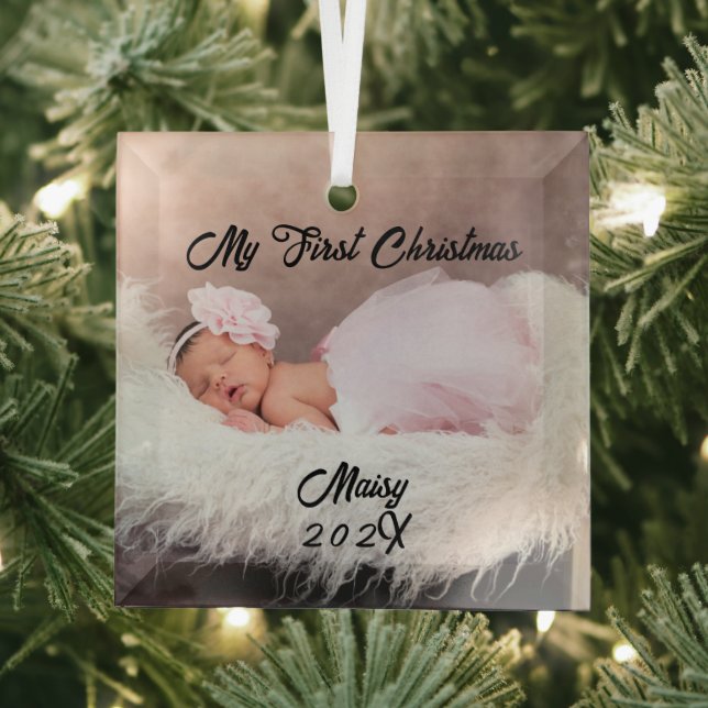 Baby's First Christmas Custom Name Keepsake Photo Glass Tree Decoration (Insitu)