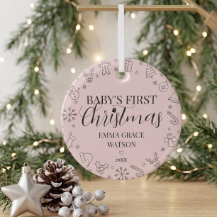Baby's First Christmas Custom Name Keepsake Pink Glass Tree Decoration