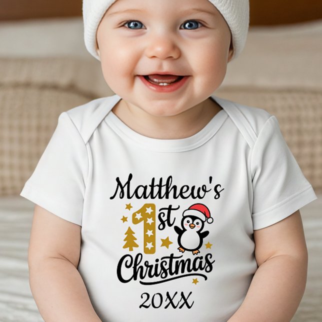 Baby's First Christmas Custom Name Penguin Baby Bodysuit (Creator Uploaded)