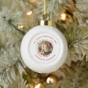 Baby's First Christmas Custom Name Photo Ceramic Ball Christmas Ornament