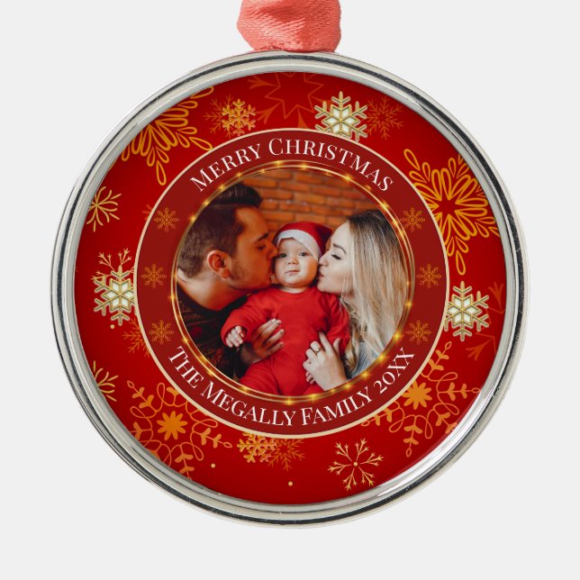 Baby's First Christmas Custom Name Photo Keepsake Metal Ornament (Front)