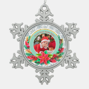 Baby's First Christmas Custom Name Photo Keepsake Snowflake Pewter Christmas Ornament