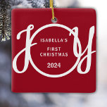 Baby's First Christmas Custom Name Red Keepsake Ce Ceramic Ornament<br><div class="desc">This keepsake Baby's First Christmas Ornament is decorated with the word JOY in stylish script typography on a red background.
Easily customisable.</div>