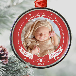 Baby's First Christmas Custom Name Year Photo Metal Ornament