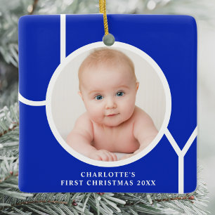 Baby's First Christmas Custom Photo Blue Ceramic Ornament