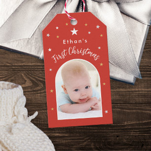 Baby's First Christmas Custom Photo Festive Red Gift Tags