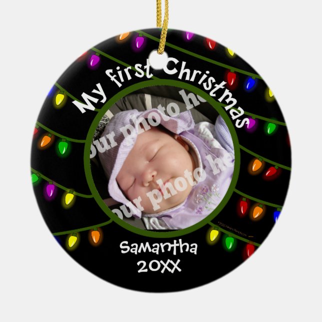 Babys First Christmas Custom Photo Fun Xmas Lights Ceramic Ornament (Front)