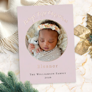 Baby's First Christmas Custom Photo Pretty Pink Foil Holiday Card