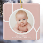 Baby's First Christmas Custom Photo Rose Gold Ceramic Ornament<br><div class="desc">This stylish keepsake Baby's First Christmas Photo Ornament is decorated with the word JOY in white typography on a rose gold background.
Easily customisable with your photo,  name,  and year.</div>