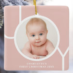 Baby's First Christmas Custom Photo Rose Gold Ceramic Ornament<br><div class="desc">This stylish keepsake Baby's First Christmas Photo Ornament is decorated with the word JOY in white typography on a rose gold background.
Easily customisable with your photo,  name,  and year.</div>