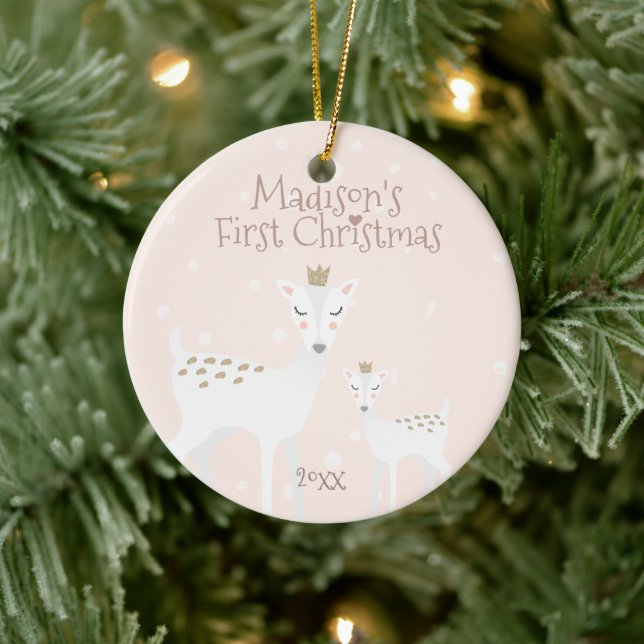 Baby's First Christmas - Cute Deer - Pink Ceramic Ornament (Tree)