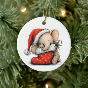 Baby's First Christmas Cute Elephant Black Text Ceramic Ornament