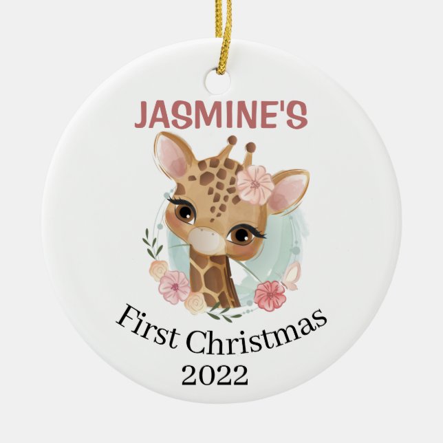 Baby's First Christmas cute giraffe year born Ceramic Ornament (Front)