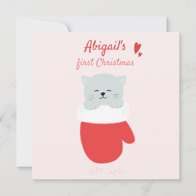 Baby's First Christmas - Cute Kitten in a Mitten Holiday Card (Front)