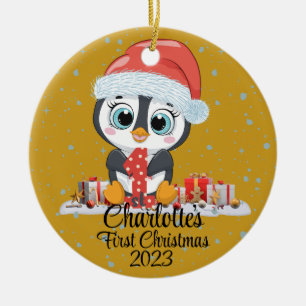 Baby's First Christmas cute penguin Christmas hat  Ceramic Ornament
