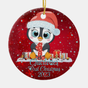 Baby's First Christmas cute penguin Christmas hat  Ceramic Ornament
