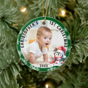 Babys First Christmas Cute Penguin Photo Ceramic Ornament