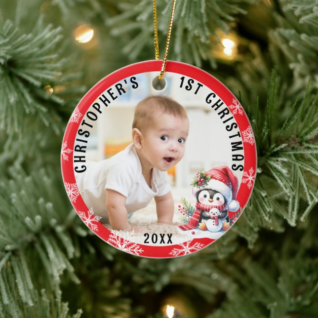 Babys First Christmas Cute Penguin Red Frame Photo Ceramic Ornament (Tree)