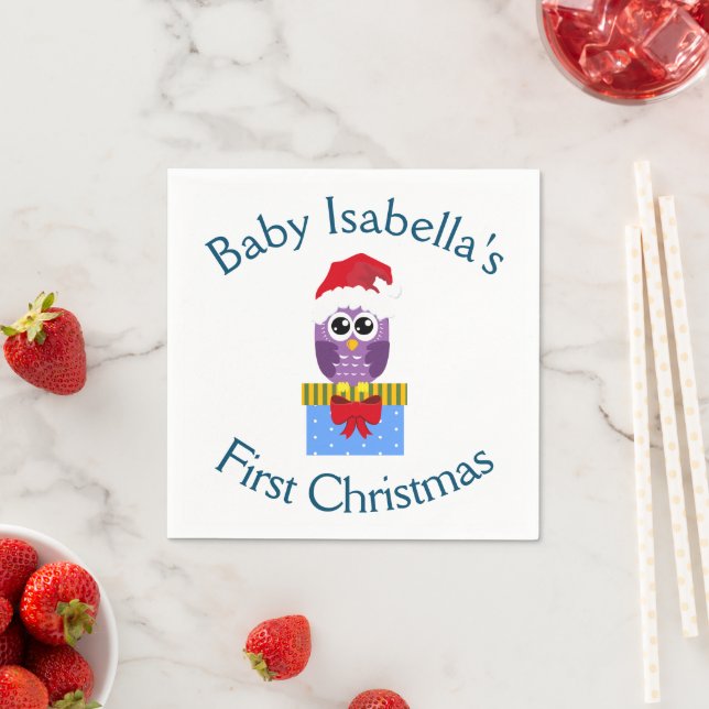 Baby's First Christmas Cute Purple Owl Paper Napkin (Insitu)