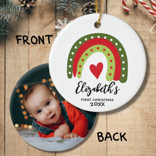 Baby's First Christmas Cute Rainbow Heart Ceramic Ornament (Creator Uploaded)