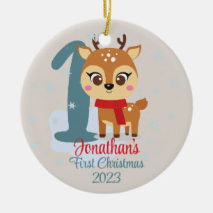 Baby's First Christmas cute reindeer modern colour Ceramic Ornament