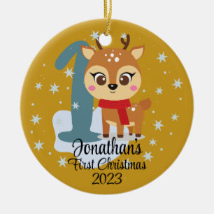 Baby's First Christmas cute reindeer modern colour Ceramic Ornament