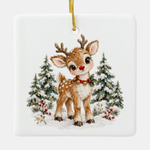 Baby's First Christmas Cute Reindeer Red Text Ceramic Ornament