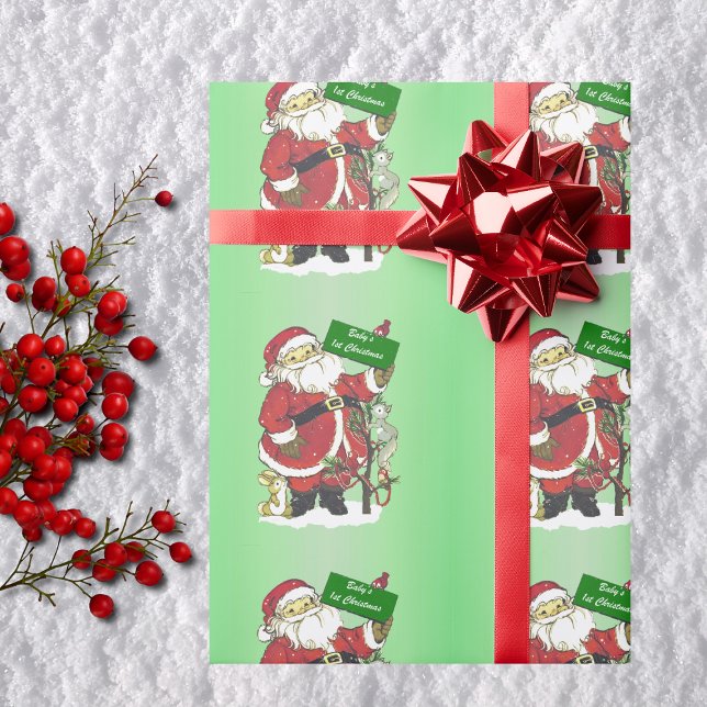 Baby's First Christmas Cute Santa Wrapping Paper (Cute Santa Claus Little animals tree on green Baby's first Chriatmas wrapping paper roll.)